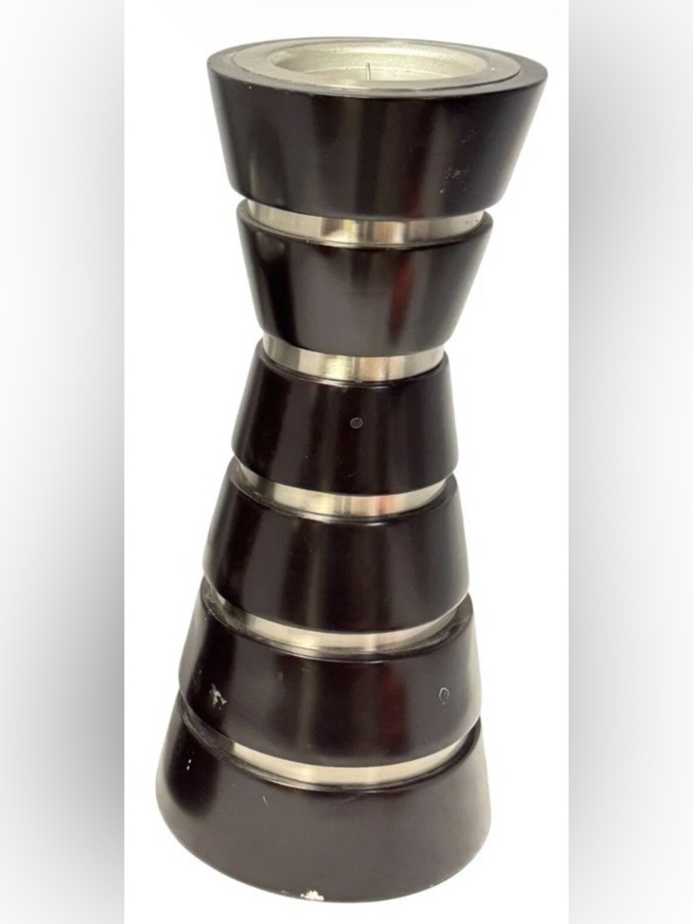 Large Heavyweight Nova Guggenheim Wood & Metal Pillar Candle Holder - BROWN SILV